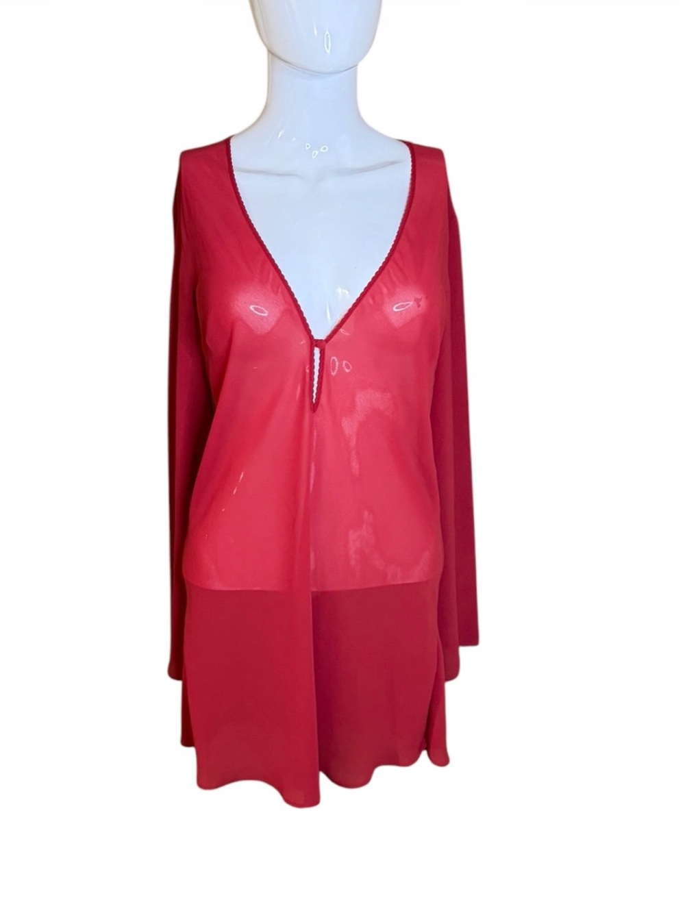Victoria's Secret Sheer Red V-Neck Long Sleeve Chemise